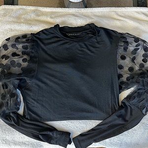 Polka Dot Flocked Mesh Sleeve Fitted Top